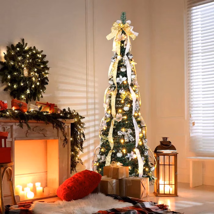 Para árvore de natal dobrável dobrável, fácil instalação, puxar para cima com decorações, luzes quentes, instalada rapidamente