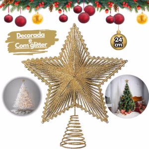 Estrela 24cm Brilhante Aramada Com Glitter Para Árvore De Natal Metalizado