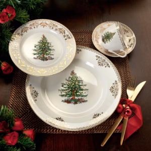 Kit 4 Peças com estampa Árvore de Natal + detalhes Dourado - Serviço para 01 Pessoa